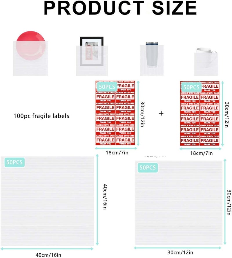 Ickimee 200pcs Cushioning Foam Pouches Moving Supplies, 2 Sizes (16x16inch,12x12inch) Use Packing Supplies for Moving, Packaging, Storage Incidental 100 Fragile Stickers, clear - Image 2